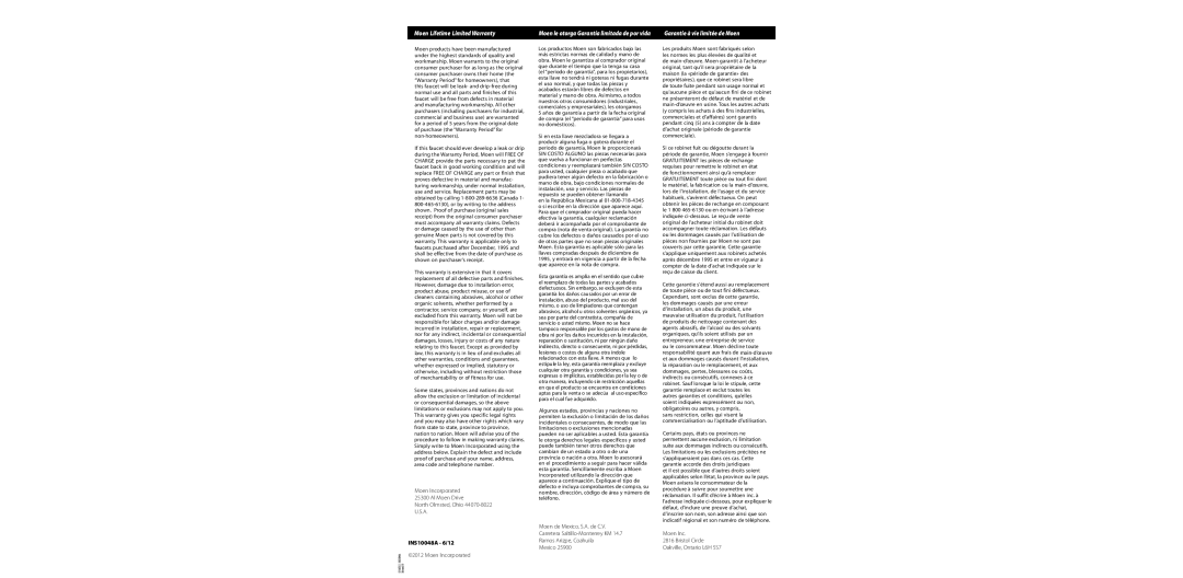 Moen INS10048A-6/12, INS10048A - 6 warranty INS10048A 6/12, Moen Incorporated 