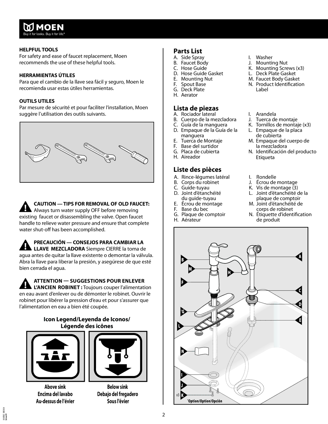 Moen INS10134-9 manual Parts List, Lista de piezas, Liste des pièces, Icon Legend/Leyenda de Iconos Légende des icônes 