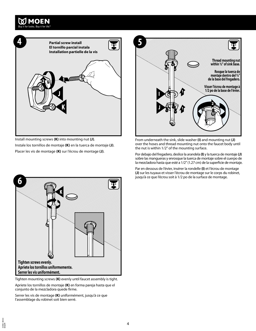 Moen INS10134-9 manual Tighten screws evenly 