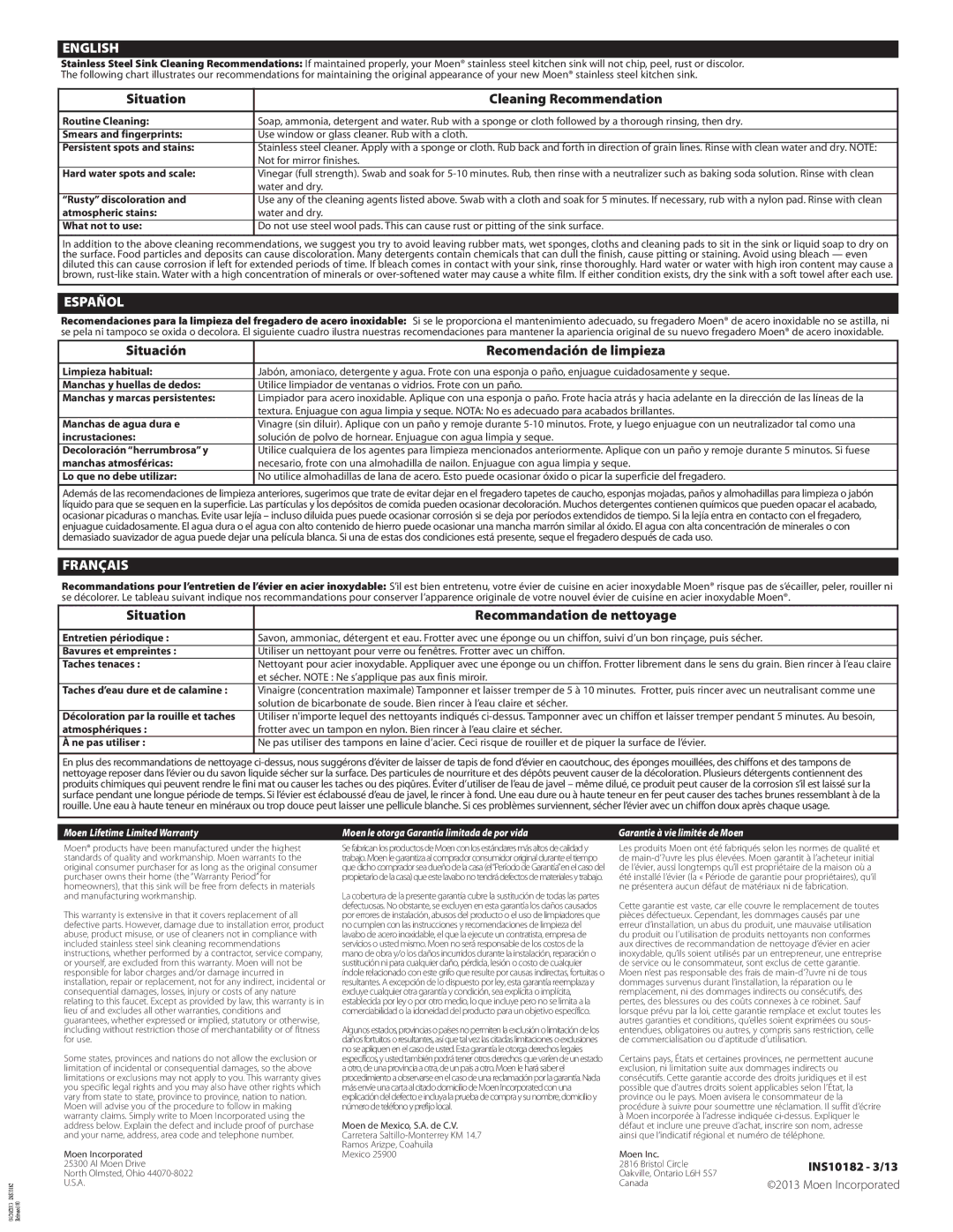 Moen INS10182-3, 13 manual English 