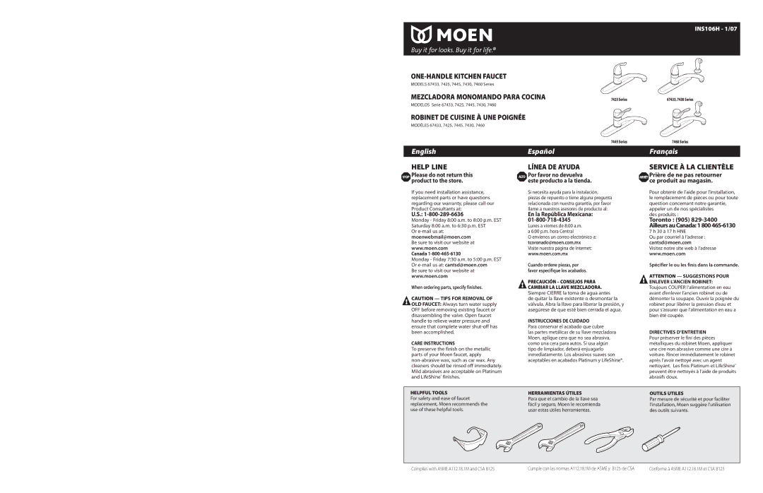 Moen INS106H-1/07 warranty Stop Please do not return this product to the store, Moenwebmail@moen.com, Cantsd@moen.com 