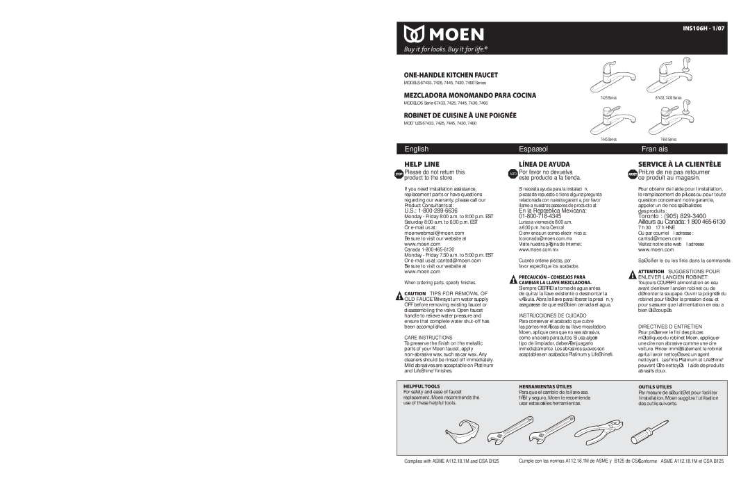 Moen INS106H-1/07 warranty Moen Incorporated Al Moen Drive North Olmsted, Ohio, INS106H 1/07 