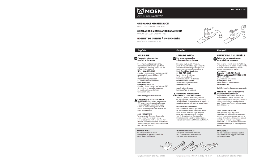 Moen INS1092B warranty Stop Please do not return this product to the store, Moenwebmail@moen.com, En la República Mexicana 