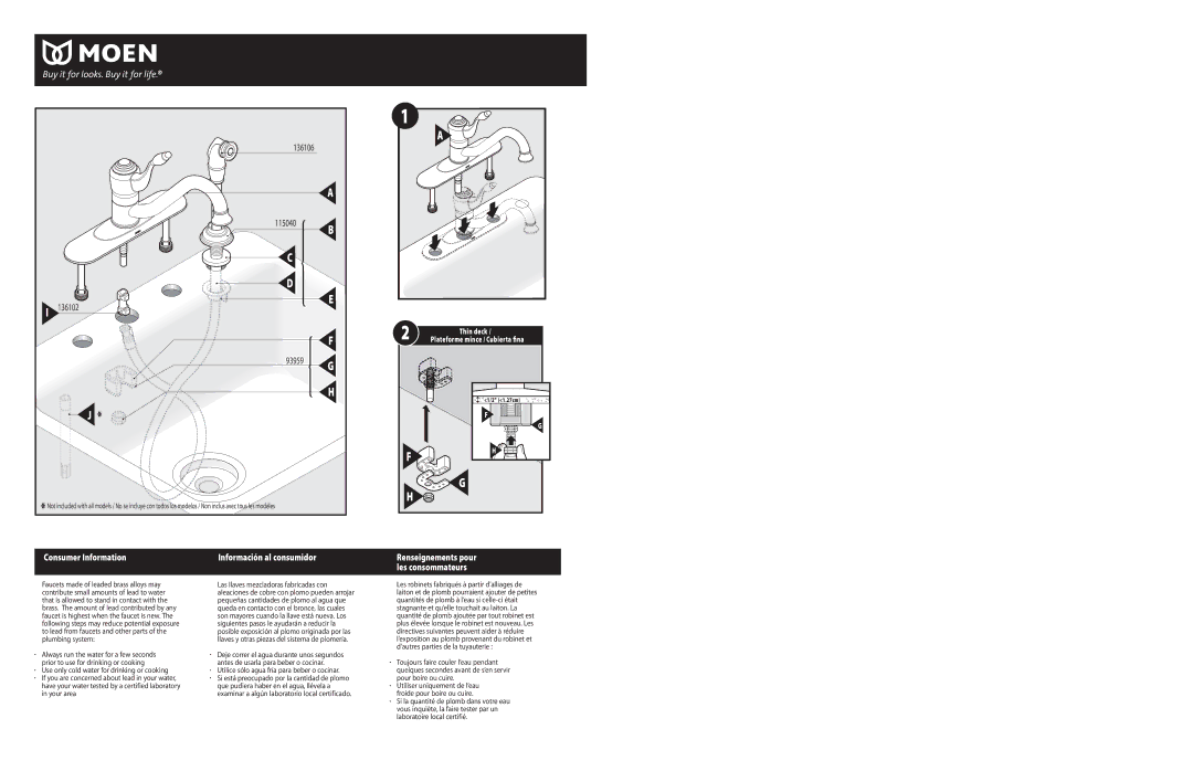 Moen INS1092B warranty Información al consumidor, Renseignements pour les consommateurs 