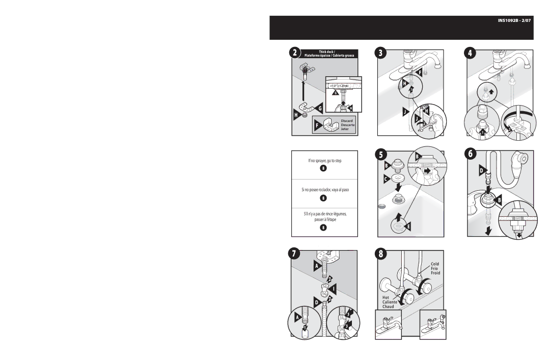 Moen INS1092B warranty Discard Descarte Jeter, Cold, Frio, Hot, Caliente, Chaud 