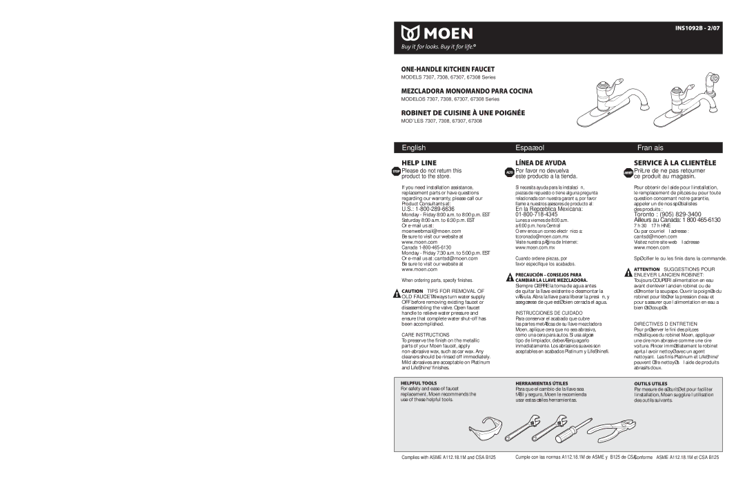 Moen warranty Moen Incorporated Al Moen Drive North Olmsted, Ohio, INS1092B- 2/07 