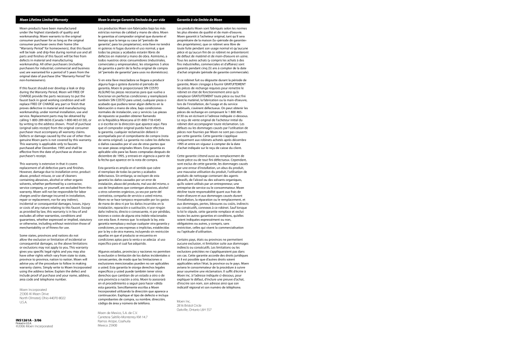 Moen INS1261A - 3/06 warranty Moen Incorporated Al Moen Drive North Olmsted, Ohio 