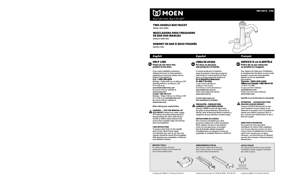 Moen INS1261A - 3/06 warranty English, Español, Français, STOP Please do not return this, product to the store, Help Line 