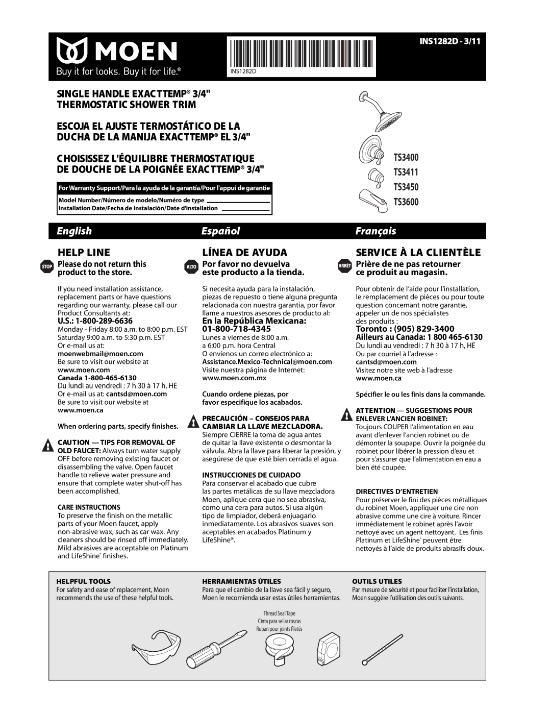 Moen INS1282D-3/11 warranty Moenwebmail@moen.com, Canada, Cantsd@moen.com, When ordering parts, specify finishes 