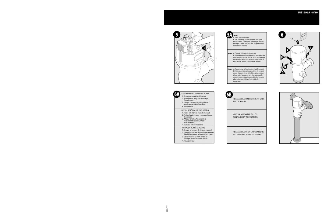 Moen INS1296A - 8/10 warranty Flush button, Housing and rotate housing, Reassemble, Vuelva a armar el sistema, Réassembler 