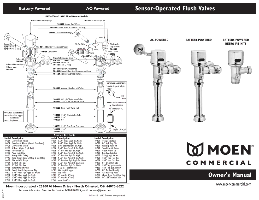 Moen INS1296A - 8/10 Battery-PoweredAC-Powered, Moen Incorporated 25300 Al Moen Drive North Olmsted, OH, RETRO-FIT Kits 