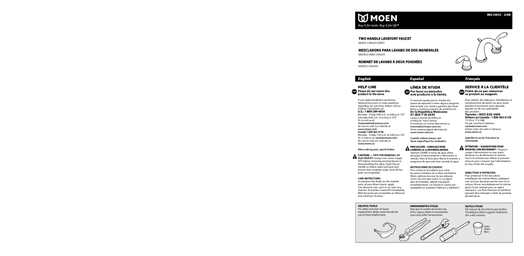 Moen warranty INS1501C 3/09, Stop Please do not return this Alto Por favor no devuelva 