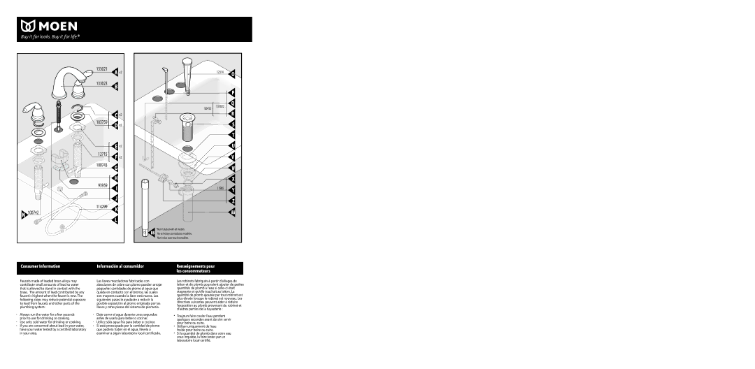 Moen INS1501C warranty Consumer Information, 92455, 12314 133022 11985, Utilice sólo agua fría para beber o cocinar 