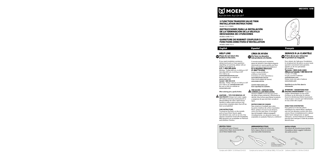 Moen INS1547A warranty Arrét Prière de ne pas retourner ce produit au magasin, Canada, En la República Mexicana 