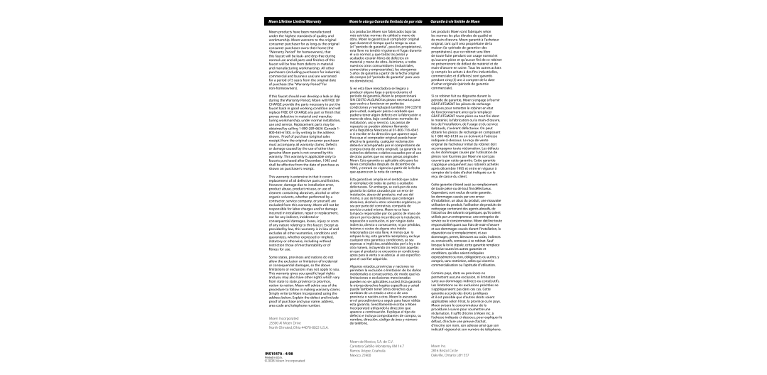 Moen warranty Garantie à vie limitée de Moen, INS1547A 4/08 