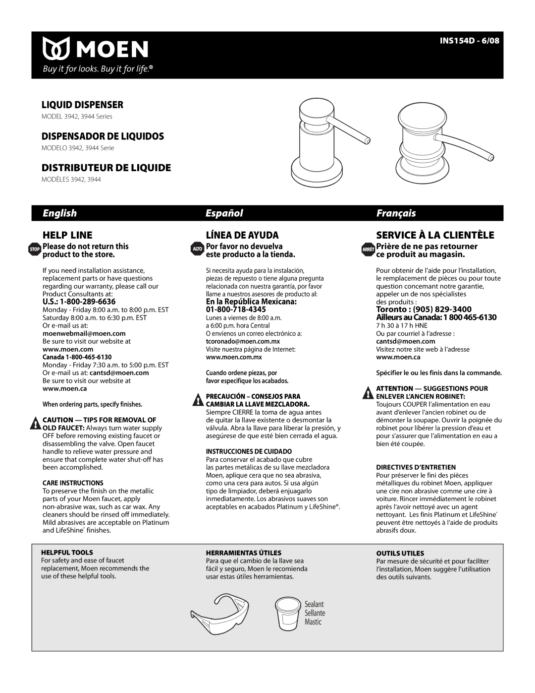 Moen INS154D warranty Liquid Dispenser, Dispensador DE Liquidos, Distributeur DE Liquide, Help Line, Línea DE Ayuda 