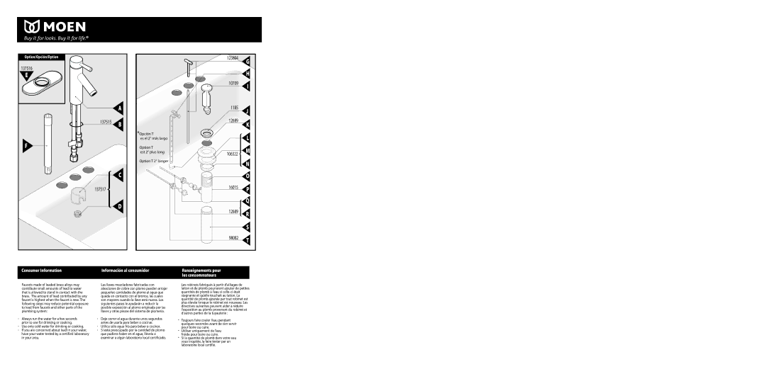 Moen INS1565 Utilice sólo agua fría para beber o cocinar, Información al consumidor, Renseignements pour les consommateurs 