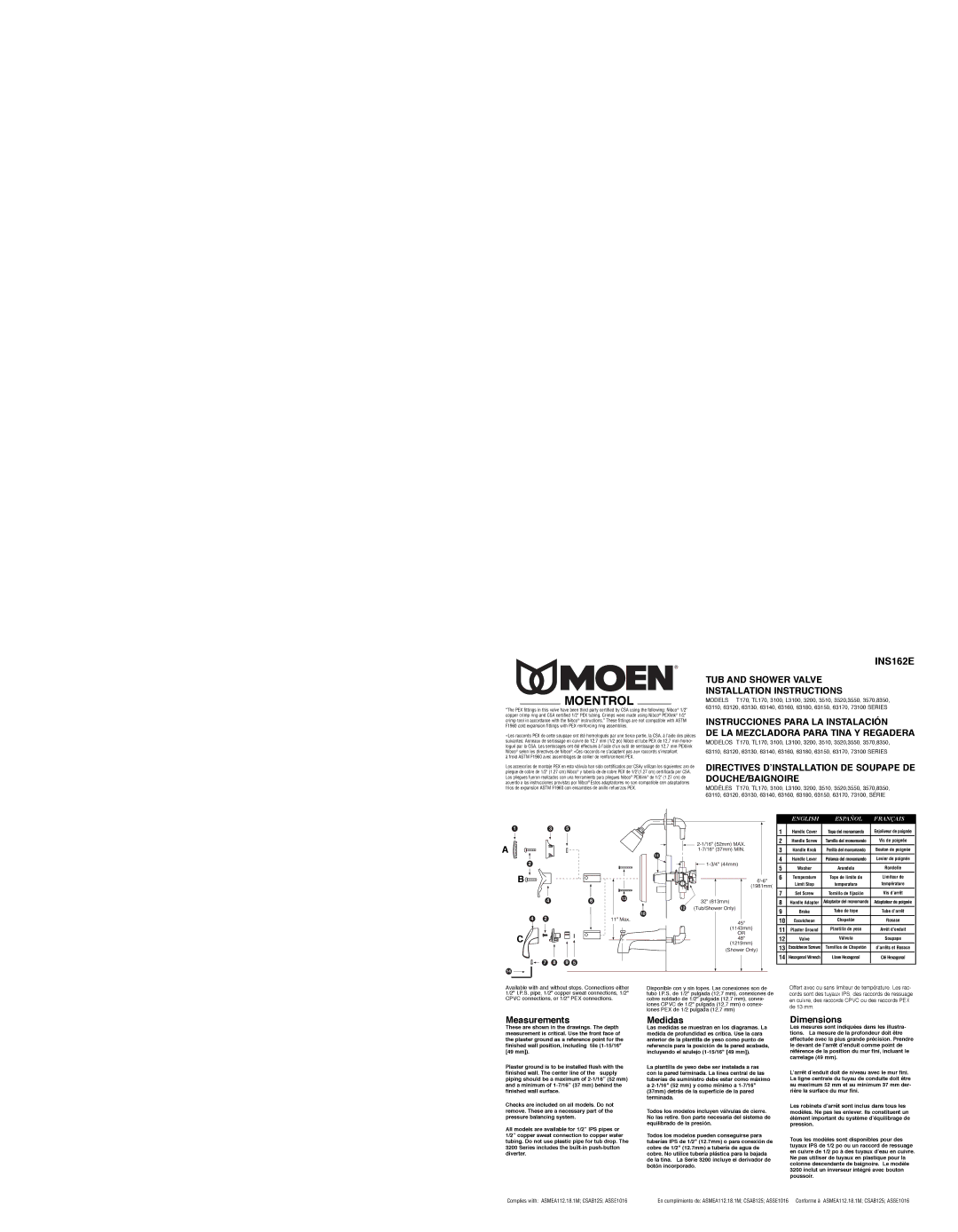 Moen INS162E installation instructions TUB and Shower Valve Installation Instructions, Measurements, Medidas, Dimensions 