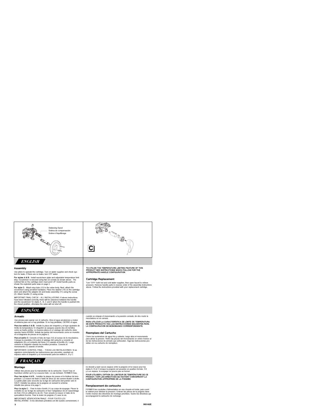 Moen INS162E Assembly, Cartridge Replacement, Armado, Reemplazo del Cartucho, Montage, Remplacement de cartouche 