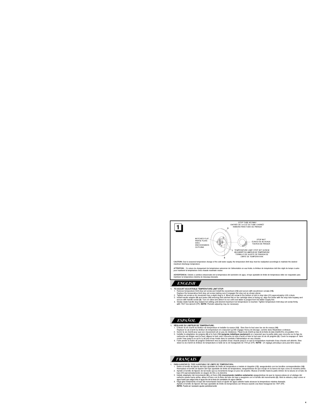 Moen INS162E installation instructions To Adjust Adjustable Temperature Limit Stop, Réglage DU Limiteur DE Température 