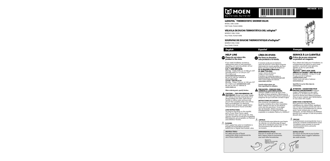 Moen INS1663E - 3/11 warranty Alto Por favor no devuelva, Arrét Prière de ne pas retourner ce produit au magasin, Canada 