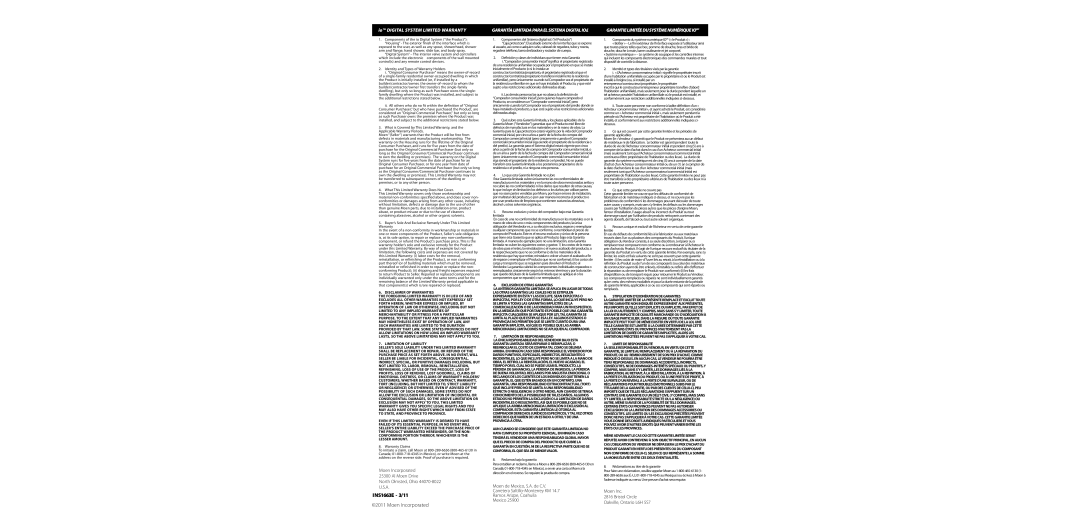 Moen INS1663E - 3/11 warranty INS1663E 3/11, Moen Incorporated 