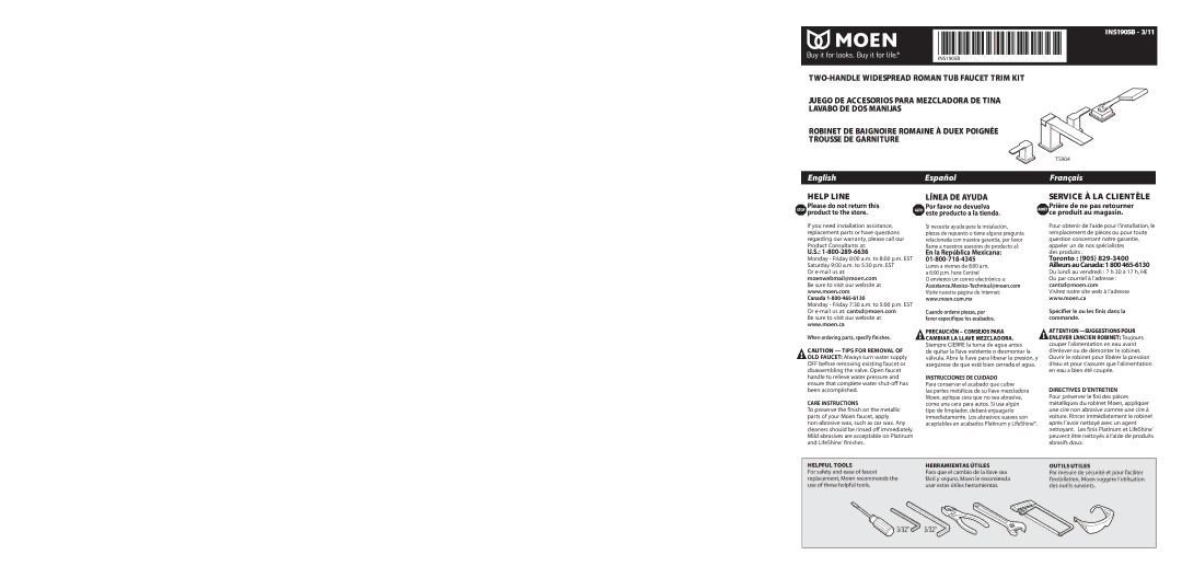 Moen INS1905B- 3/11 warranty TS904, Canada, En la República Mexicana, Envíenos un correo electrónico a 