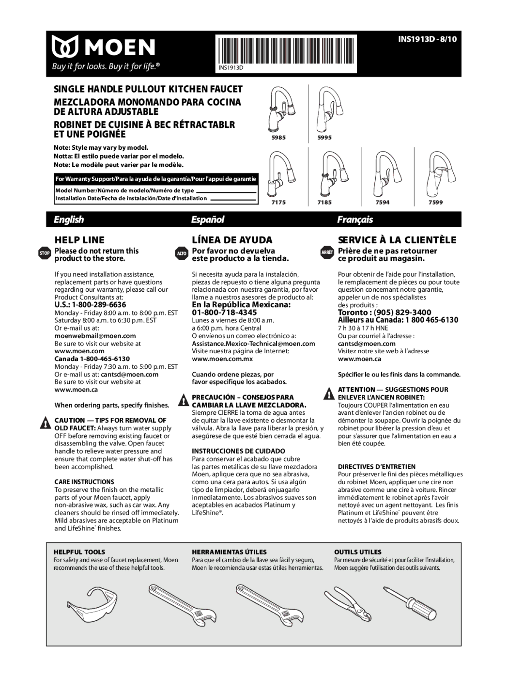 Moen INS1913D-8/10 warranty Notta El estilo puede variar por el modelo, Canada, When ordering parts, specify finishes 