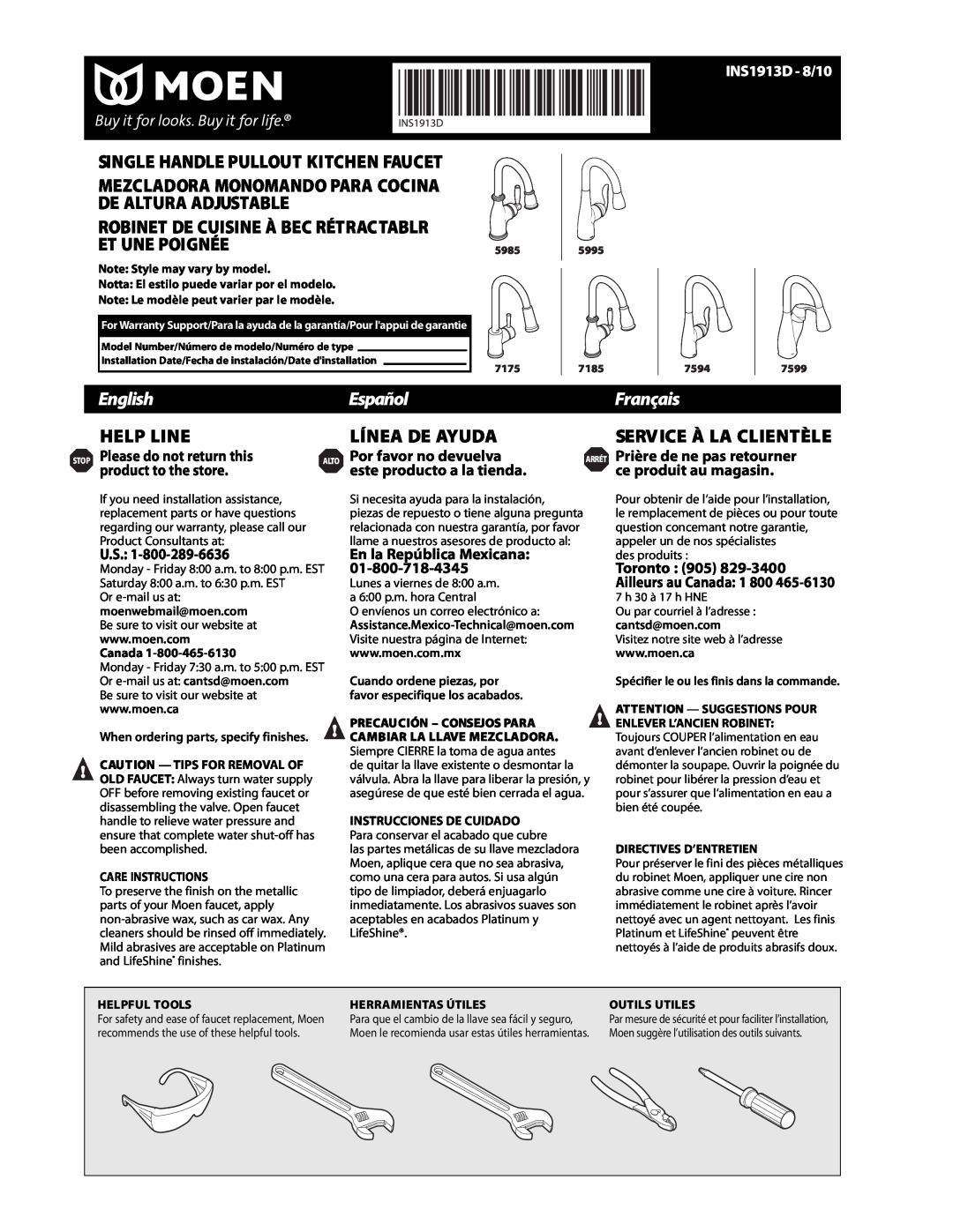 Moen INS1913D-8/10 warranty English, Español, Français, INS1913D - 8/10, Help Line, Línea De Ayuda, Service À La Clientèle 