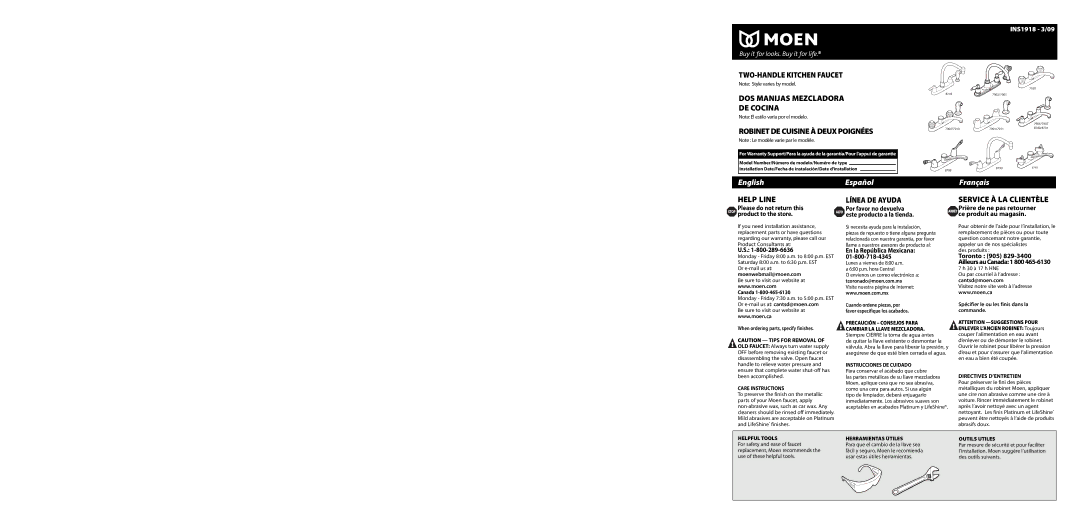 Moen warranty INS1918 3/09, Canada, En la República Mexicana 