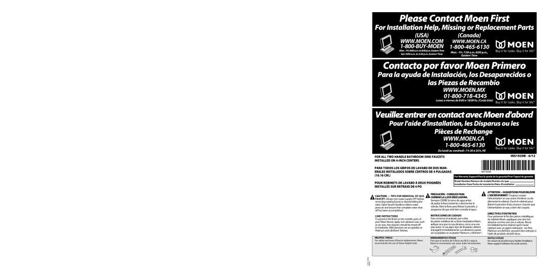Moen INS1929B - 6/12 warranty Please Contact Moen First, Para conservar el acabado que cubre 