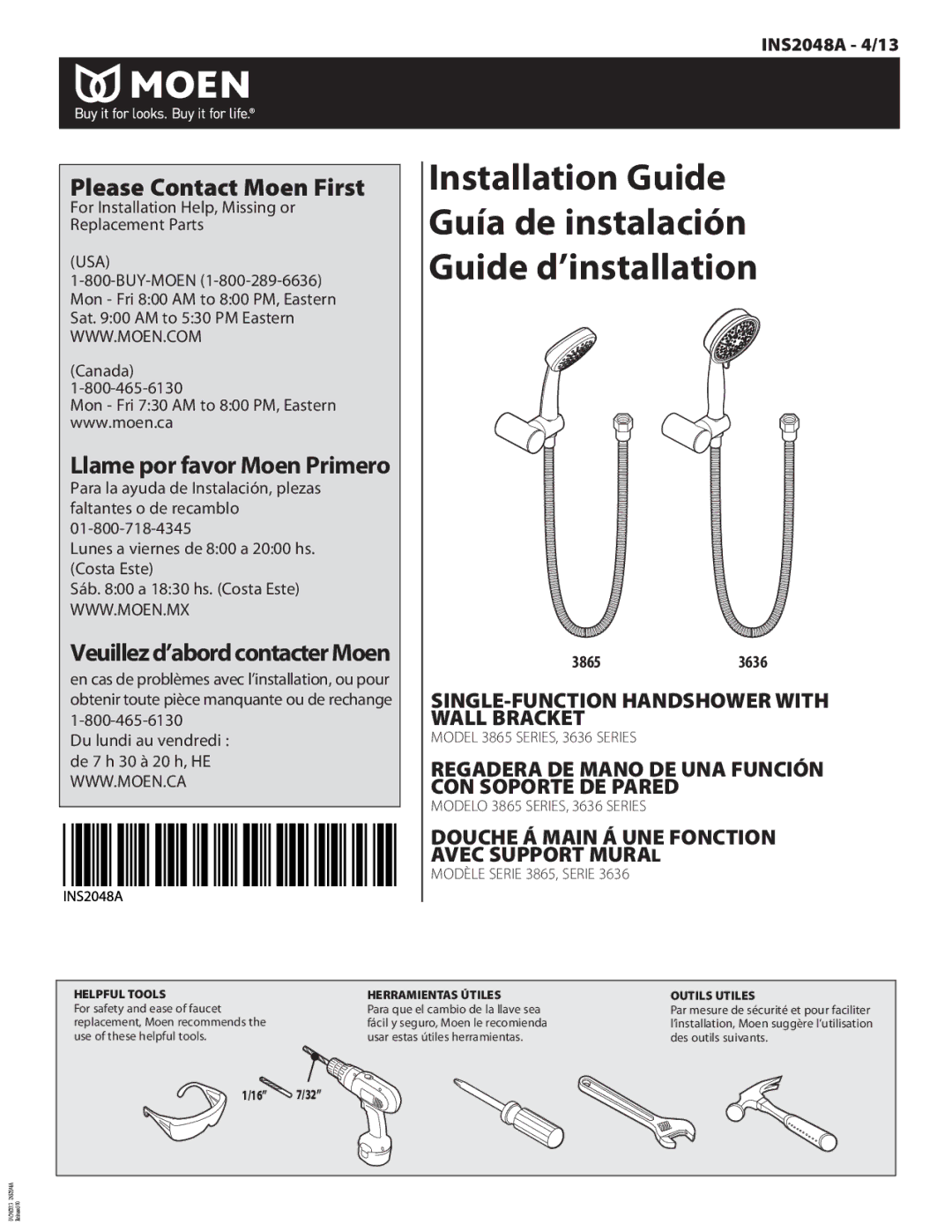 Moen 3865 SERIES, INS2048A manual Installation Guide Guía de instalación Guide d’installation 