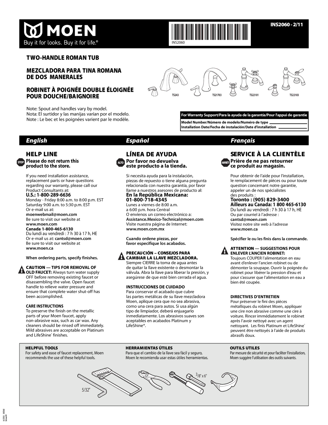 Moen INS2060-2/11 warranty Moenwebmail@moen.com, Canada, Assistance.Mexico-Technical@moen.com, Cantsd@moen.com 