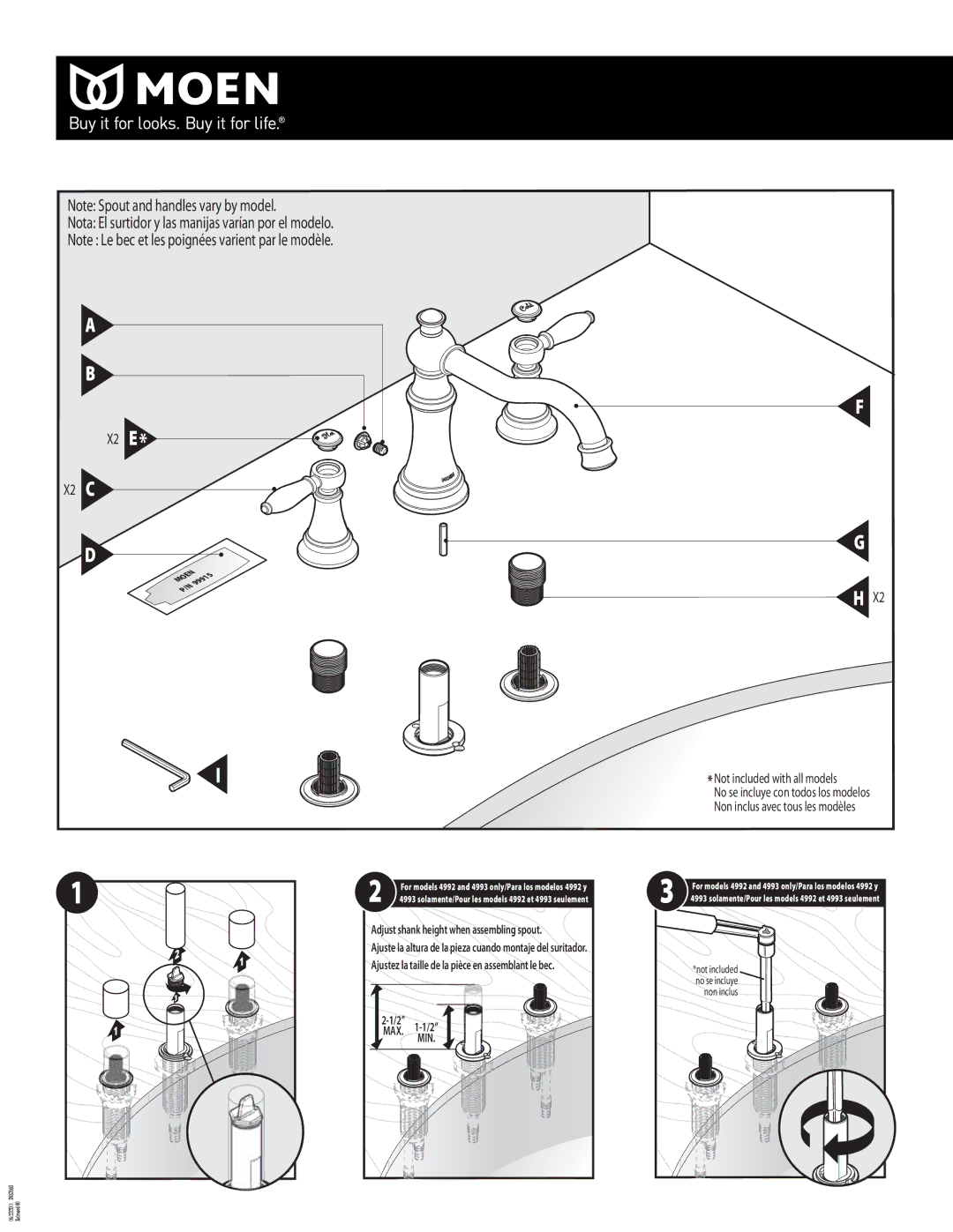 Moen INS2060-2/11 warranty Nota El surtidor y las manijas varían por el modelo 