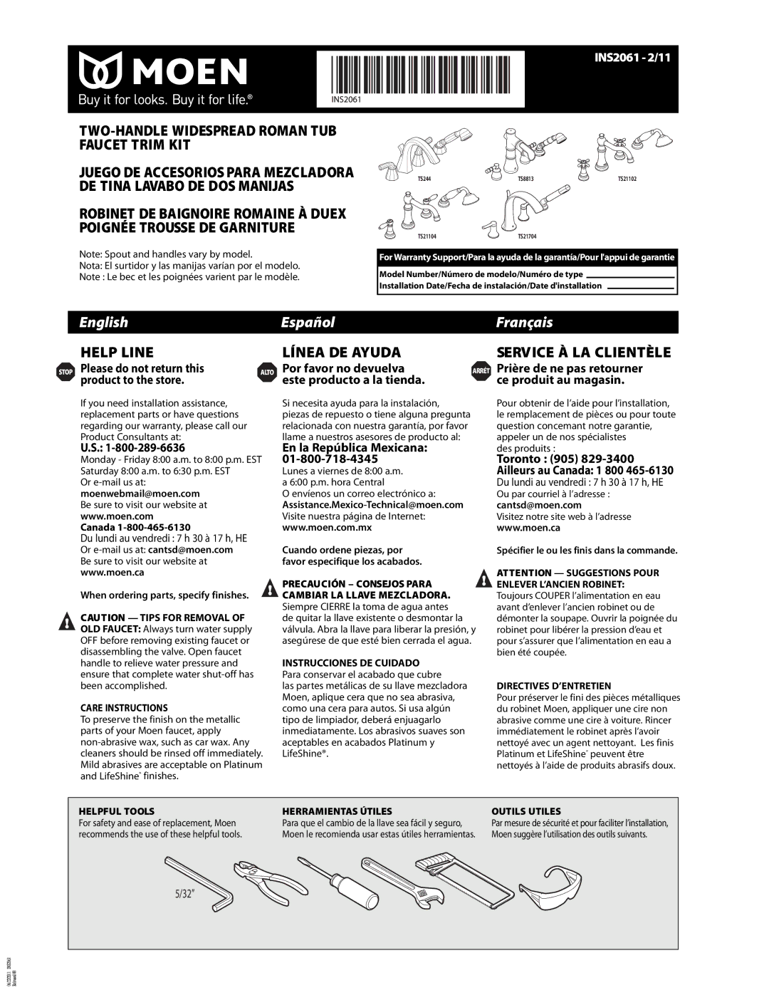 Moen INS2061-2/11 warranty Moenwebmail@moen.com, Canada, Cantsd@moen.com, When ordering parts, specify finishes 