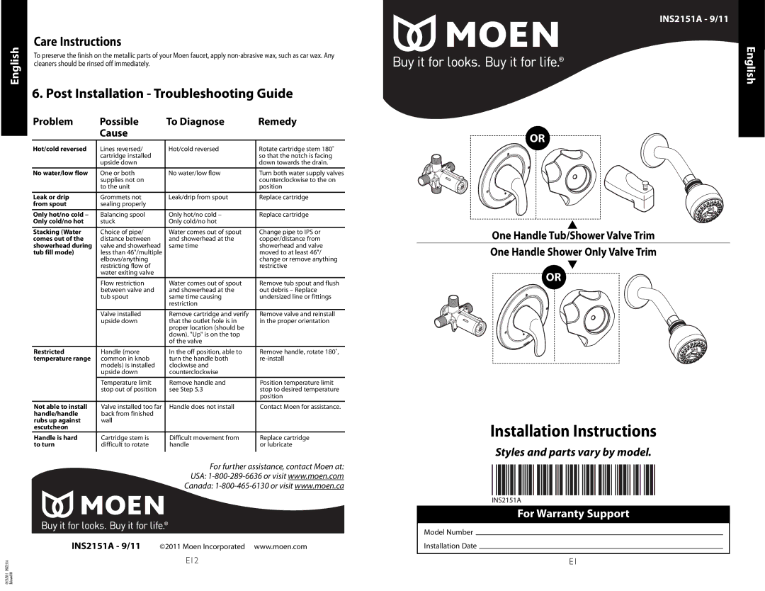 Moen 11, INS2151A-9 installation instructions Care Instructions, Post Installation Troubleshooting Guide, English 