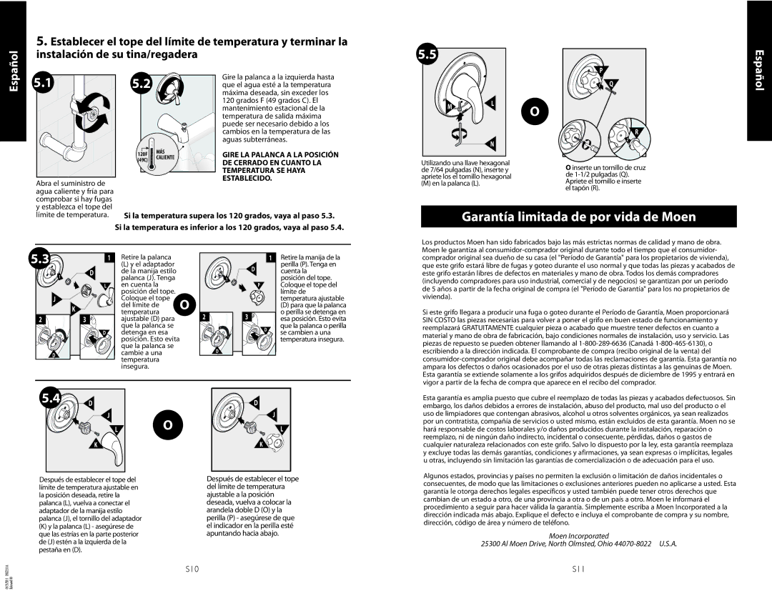 Moen INS2151A-9, 11 Garantía limitada de por vida de Moen, Instalación de su tina/regadera, Límite de temperatura 