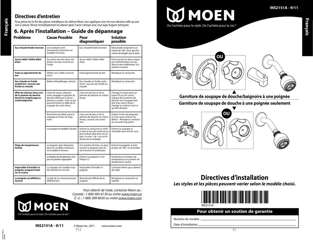 Moen 11 Directives d’entretien, Après l’installation Guide de dépannage, Pour obtenir un soutien de garantie, Moen inc 