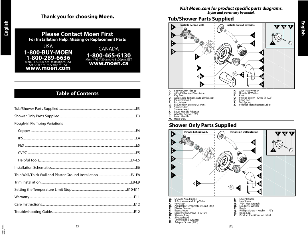 Moen INS2151A-9, 11 installation instructions Table of Contents, Tub/Shower Parts Supplied 