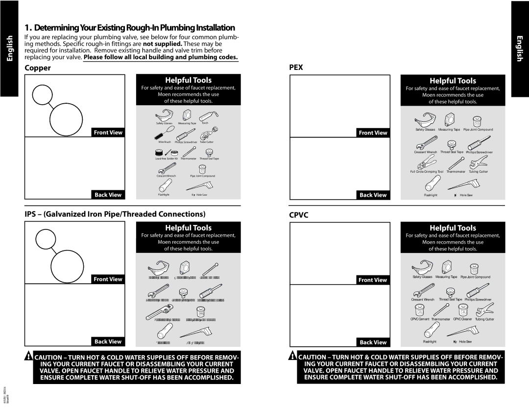 Moen 11, INS2151A-9 installation instructions Copper, Helpful Tools, IPS Galvanized Iron Pipe/Threaded Connections 