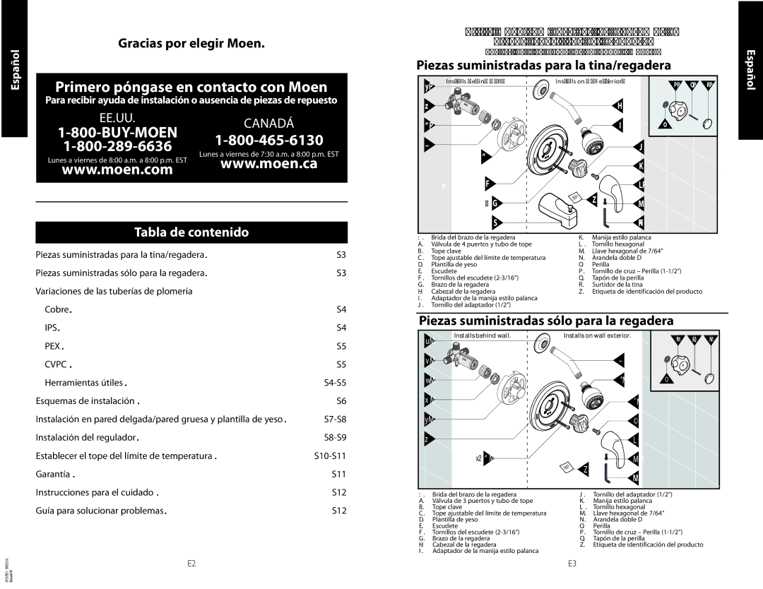 Moen INS2151A-9, 11 Gracias por elegir Moen, Tabla de contenido, Piezas suministradas sólo para la regadera 