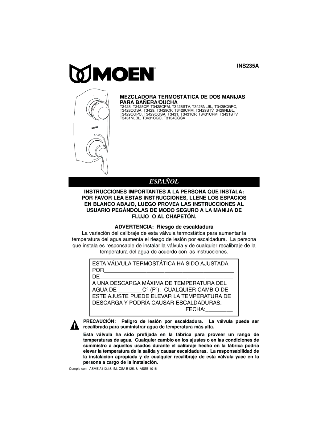 Moen INS235A manual Español 