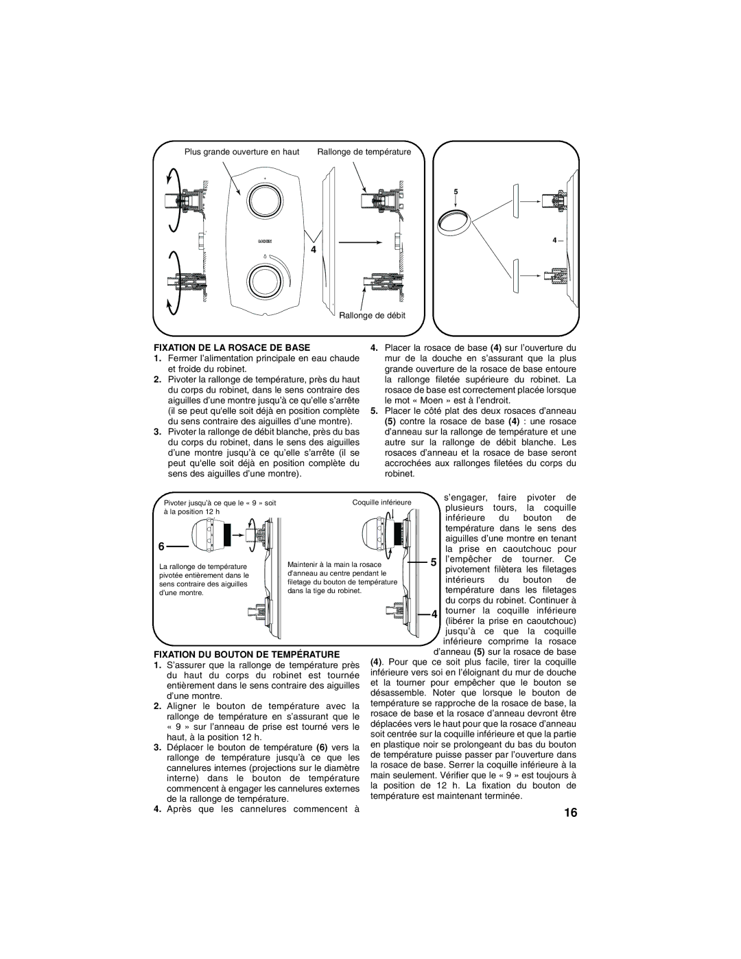 Moen INS235A manual Fixation DE LA Rosace DE Base, Fixation DU Bouton DE Température 