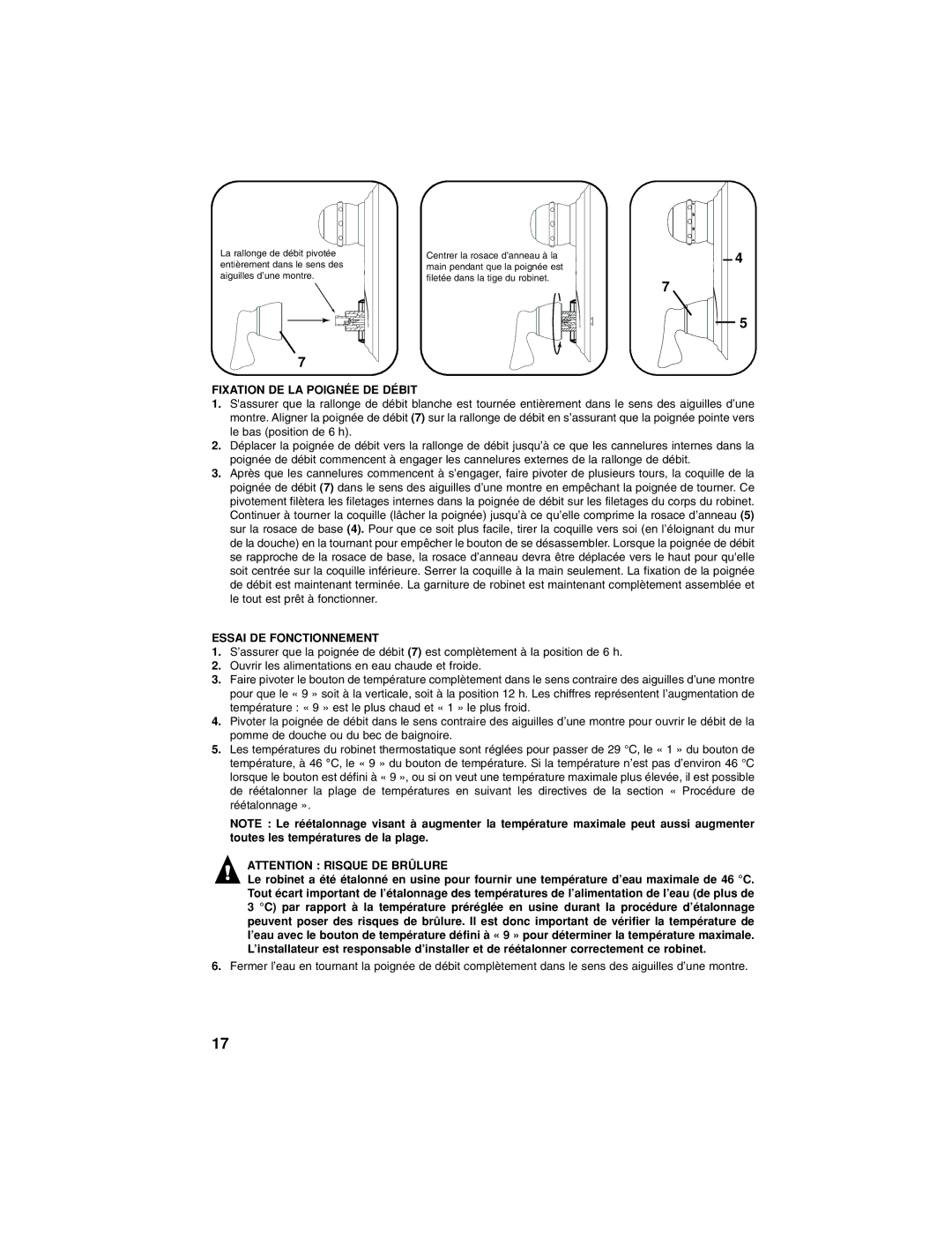 Moen INS235A manual Fixation DE LA Poignée DE Débit, Essai DE Fonctionnement 