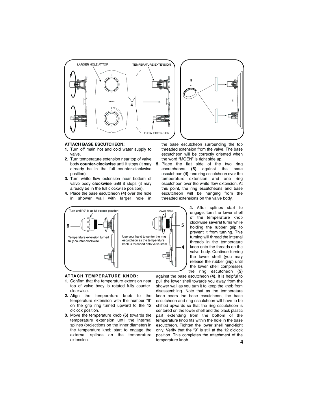 Moen INS235A manual Attach Base Escutcheon, Attach Temperature Knob 