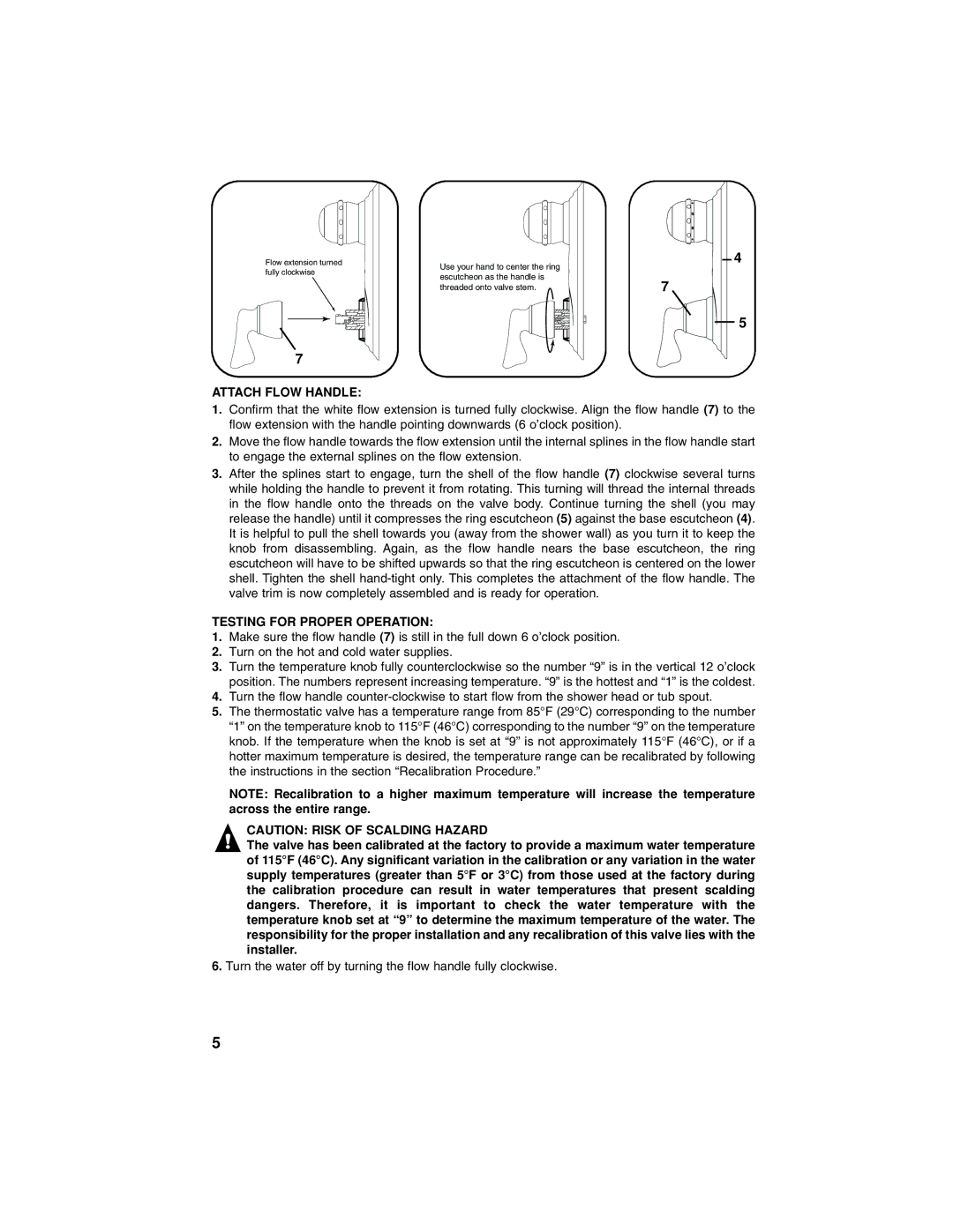 Moen INS235A manual Attach Flow Handle, Testing for Proper Operation 