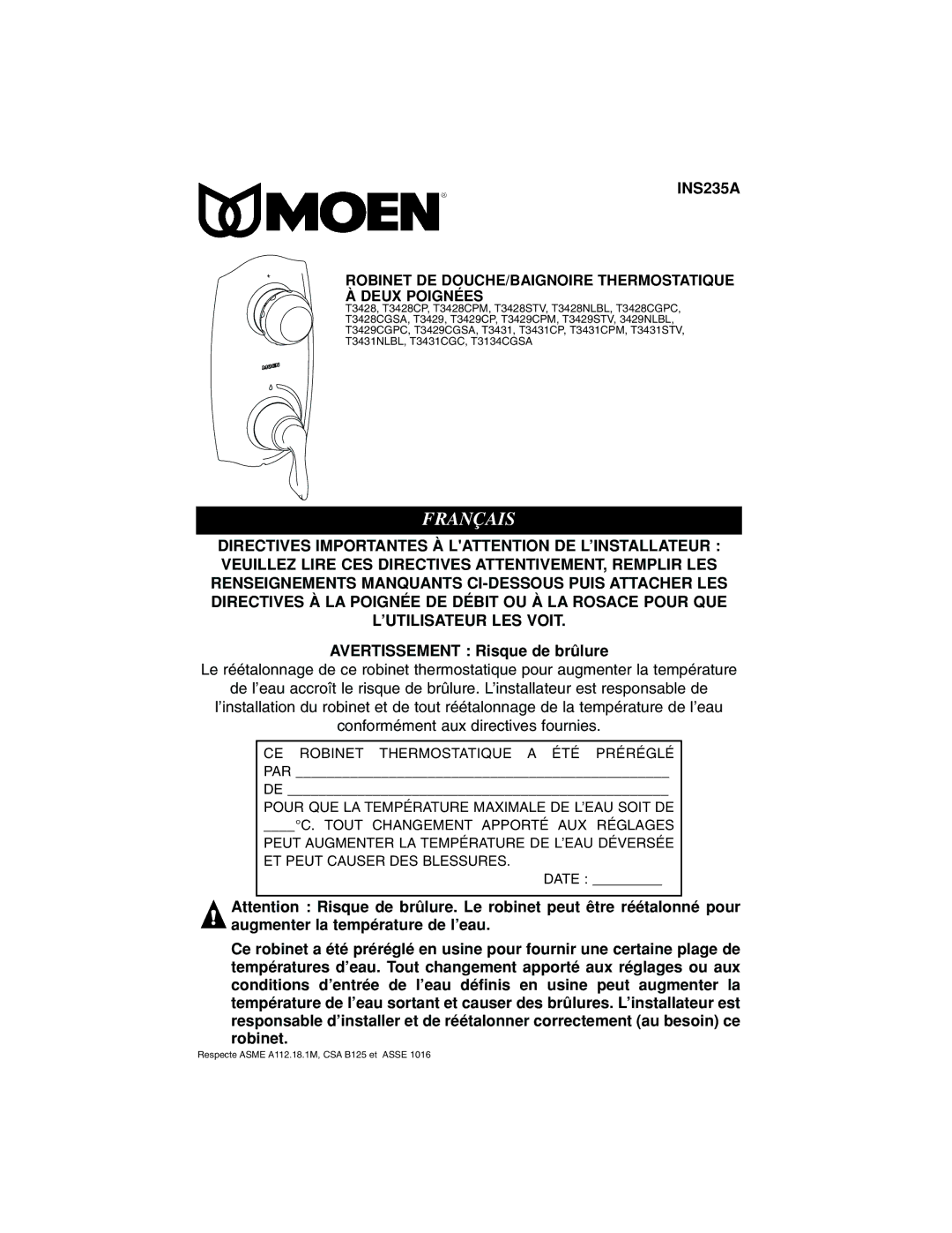 Moen INS235A manual Français 