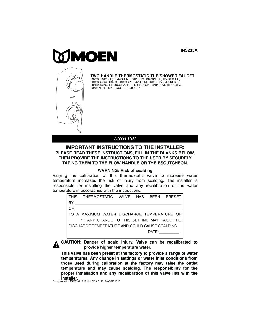 Moen INS235A manual English, Important Instructions To The Installer 