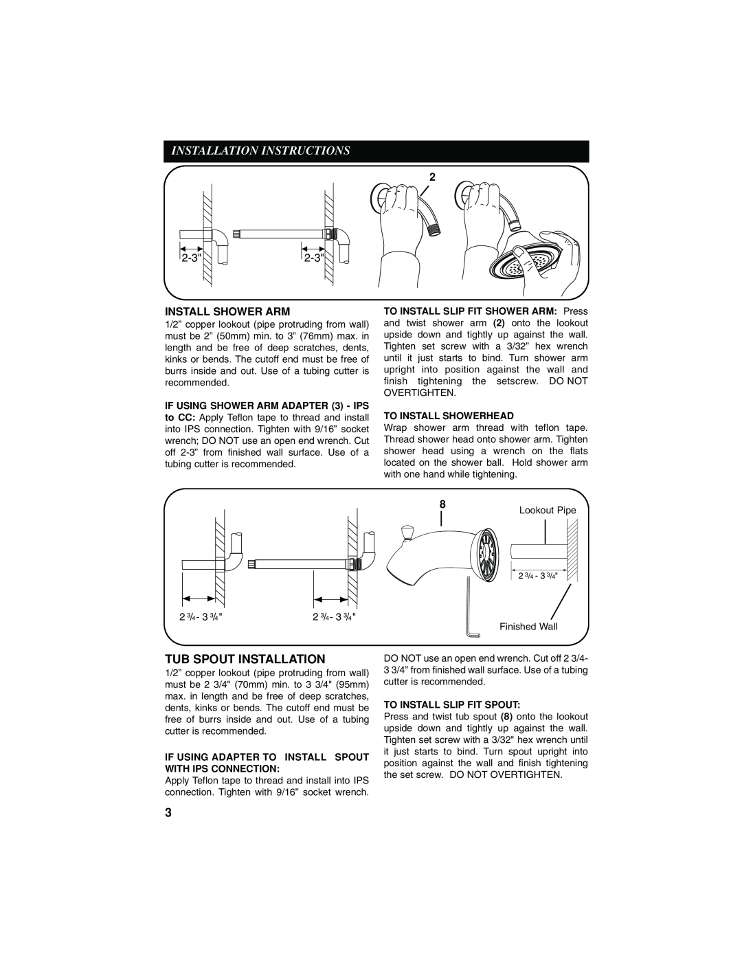 Moen INS235A manual Installation Instructions, Tub Spout Installation, Install Shower Arm 