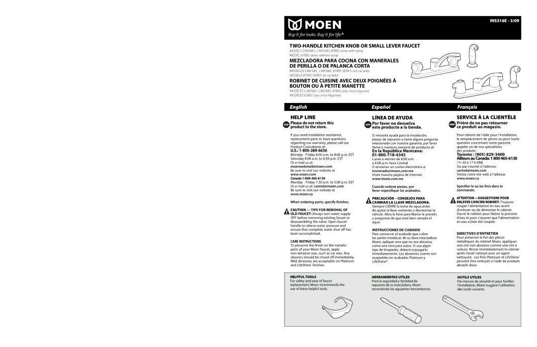 Moen INS316E - 3/09 warranty TWO-HANDLE Kitchen Knob or Small Lever Faucet 